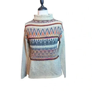 Cliche` Women's Small Oatmeal Patchwork Mock Neck Knit Sweater Aztek Design